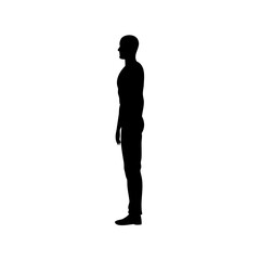 Black silhouette of a man standing in profile on white background