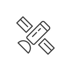 Outline of a satellite icon against a plain white background featuring rectangular solar panels a cylindrical body and a semicircular dish