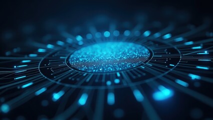 Detailed abstract representation showcases a digital circuit board design with radiating lines and glowing blue dots, symbolizing data flow within a complex structure, highlighting digital...