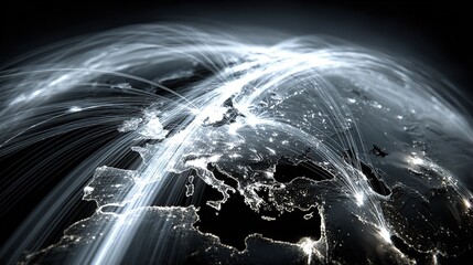 Earth from space with city lights and connection lines over Europe, global network concept for business strategy visualization, illuminated planet view