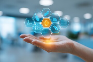 Hand holding hexagonal medical technology icons, digital healthcare solution concept for app development, data-driven medicine visualization