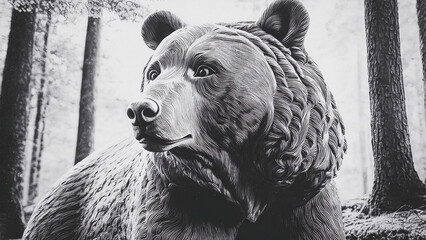 A large wooden bear sculpture carved from a single oak log, standing among forest trees with rays of sunlight filtering through leaves. Camera at mid-level, slightly tilted upward to show scale and ma