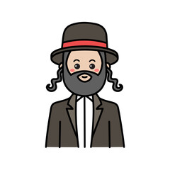 Animated Jewish Man With Beard And Hat In Traditional Clothing And Side Curls, Hand Drawn Style Illustration On White Background