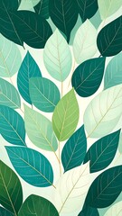 A digitally rendered botanical artwork featuring a layered arrangement of leaves in various shades of teal, green, and cream. Softly shaded