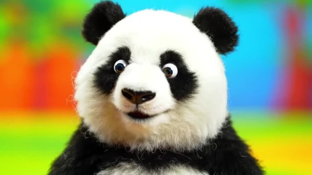 A plush panda puppet with wide surprised eyes
