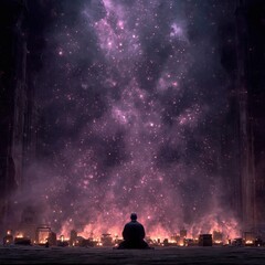 A figure sits in silent meditation while a sky of radiant purple stars bursts above, filling the air with mystical brilliance.