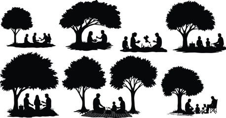 Silhouette family relaxing under trees in park, enjoying picnic together, parents and children spending peaceful outdoor leisure time