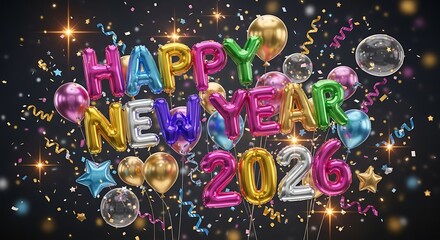 Happy New Year 2026 Balloons and Confetti Celebration.