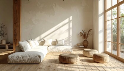 Modern, minimalist interior space bathed in soft sunlight, showcasing a cream-colored modular sofa with fluffy pillows, complemented by woven poufs on a wooden floor, and a large window frame.