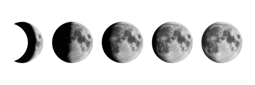 Captivating lunar cycle progression from crescent to full moon, showcasing celestial beauty and astronomical phases.