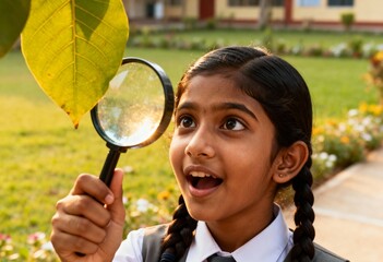 Curious Young Girl Examining Leaf with Magnifier at School Garden