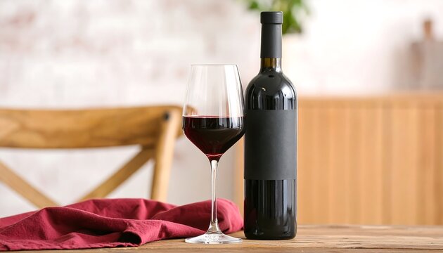 A full glass of red wine sits beside a wine bottle with a black label on a wooden table, with a red cloth