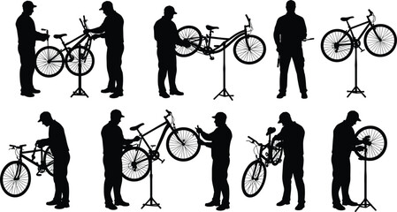 Silhouette of bicycle mechanic repairing bikes in workshop, professional maintenance worker fixing bicycle parts, cycling repair concept, black illustration design