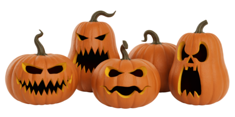 Spooky carved jack-o'-lanterns with fierce glowing faces, perfect for Halloween decorations and festive celebrations