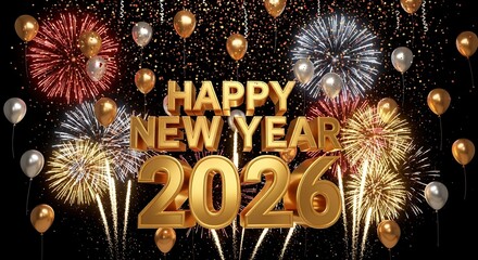 Happy New Year 2026 Celebration with Fireworks and Golden Balloons on Black Background.