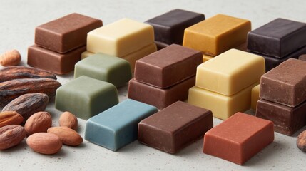 Colorful Arrangement of Various Chocolate Bars and Cocoa Beans on a Vibrant Background, Perfect for Dessert and Sweet Treat Concepts
