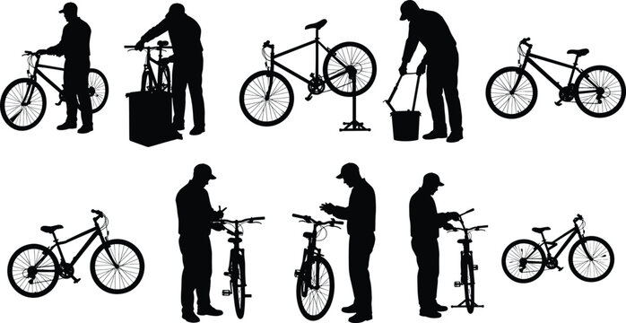 Silhouette of bicycle mechanics repairing, cleaning and maintaining bikes with tools, professional workers performing bike service and inspection