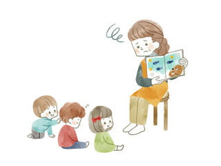 絵本の読み聞かせ中に集中力が散漫になる子どもたち-水彩