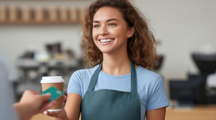 Friendly barista with curly hair serving coffee and accepting payment at cafe, showcasing smiles and warm customer interaction in modern cafe environment