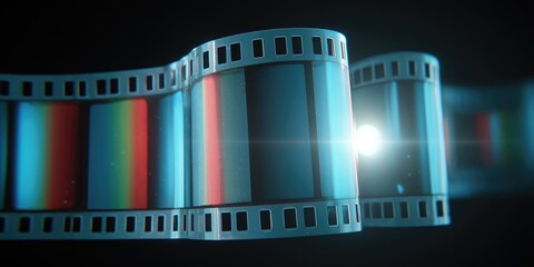 Long blue strip of film with a bright light shining on it