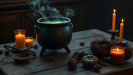 Wooden table with a steaming cauldron of green potion, surrounded by dried herbs and candlelight.