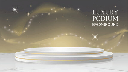 White marble podium with gold trim against starry night background