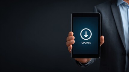 Businessman in Suit Holding Tablet with Update Icon in Dark Background, Focus on Technology and Communication Concepts in Modern Workplace Environment
