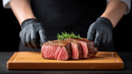 Chef preparing a perfectly cooked medium-rare steak on a wooden cutting board with fresh herbs and black gloves in a professional kitchen setting