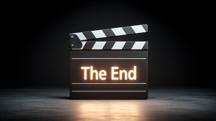 A Cinematic Clapperboard with the Text 'The End' Illuminated in a Dark Studio Setting Representing Film Production and Movie Conclusion