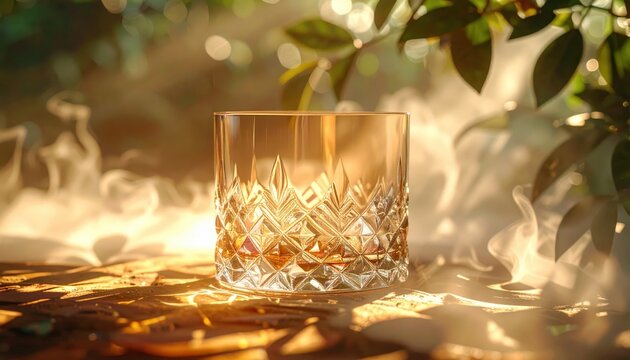 A crystal glass sits on a wooden surface with warm lighting, surrounded by atmospheric vapor, golden hues and lush green foliage in the background, creating an ambiance of refinement and tranquility.