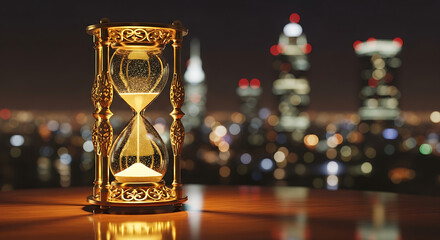 Elegant golden hourglass marking time passing against a stunning city skyline at night, perfect for conveying urgency, deadlines, and the value of time