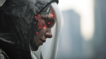 Futuristic portrait of a person with cybernetic enhancements in a hooded garment