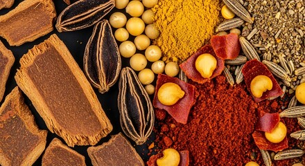 Exotic spice still life, vibrant colors, diverse textures, culinary delights