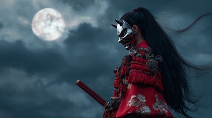 Samurai woman under moonlight
