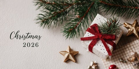 Christmas banner with a white box and red ribbon on top of a Christmas tree