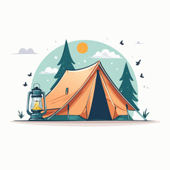 Camping tent with lantern and forest background