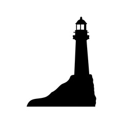 Silhouette of a lighthouse perched atop a rocky cliff on a white background