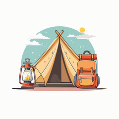 Camping tent with lantern and backpack outdoors