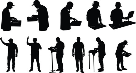 Silhouette of DJ performing with equipment, music mixing and sound control, disc jockey at concert, nightlife entertainment performance concept illustration