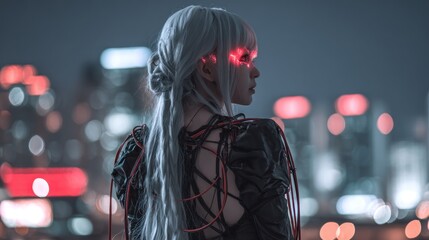 Cyberpunk woman night city view