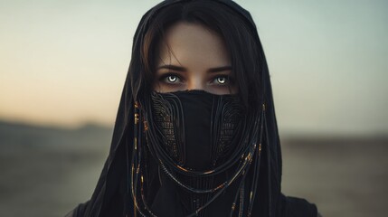Woman in dark futuristic outfit