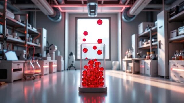 Red spherical objects floating in transparent container inside modern laboratory with advanced equipment and bright lighting 4k video footage