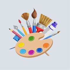 Art supplies on palette with transparent background