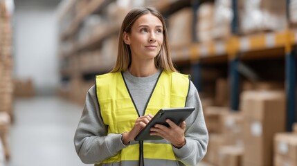 Female warehouse worker in safety vest using tablet to manage inventory in large storage area with shelves full of boxes and organized logistics environment