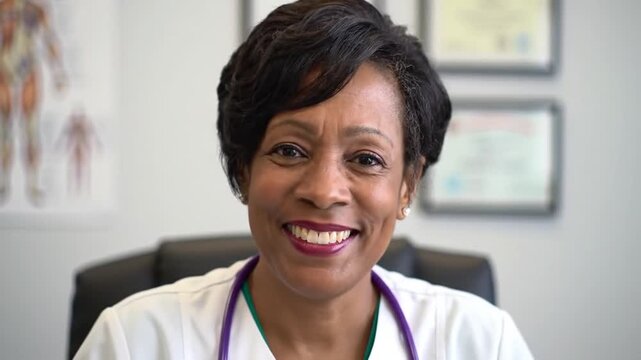 A smiling Black female doctor in a white coat with a stethoscope