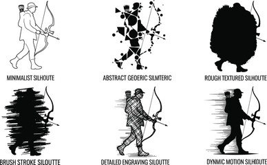 Silhouette archer walking, minimalist, abstract, textured, brush stroke, engraving, dynamic motion styles, artistic illustration, bow and arrow, creative visual design