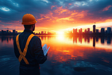 Fototapeta premium A worker in a hard hat observes a vibrant sunset over a city skyline, reflecting on the water.