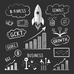 A chalkboardstyle illustration showcases business and startup concepts, featuring a rocket, bar graph, and various businessrelated icons, all rendered in white chalk on a dark background