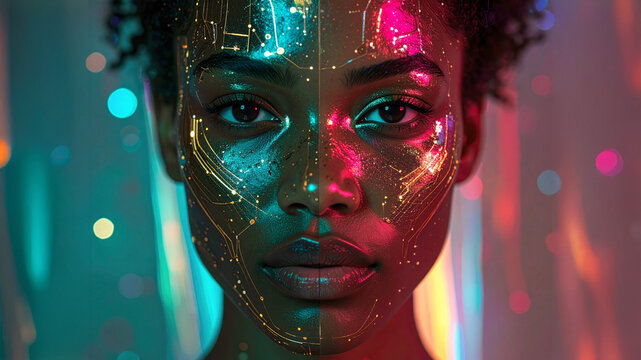 Close-up of diverse female face. Glowing neon circuit overlay. Artificial intelligence and digital identity concept. Futuristic beauty. Cyberpunk aesthetic.