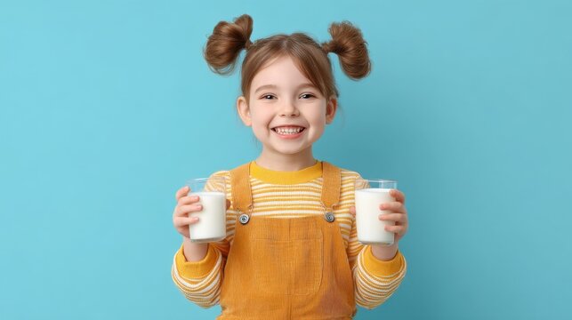 Cheerful young girl holding glasses of milk with a bright smile against a blue background, showcasing joy and health in childhood moments.